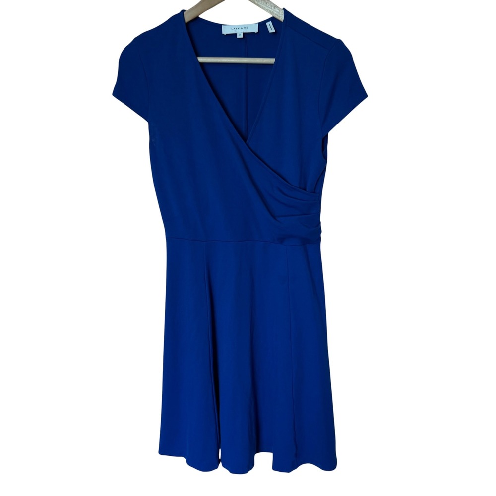 Lark & Ro Fit and Flare Dress Womens‎ Medium Blue Exc faux Wrap Short Sleeve